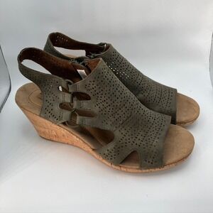 Perforated Olive Wedge Sandals - Women